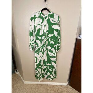 H&M Womens Green & White Long Sleeve Midi Dress Small Abstract Leaf Pattern